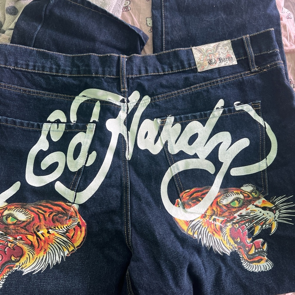 Ed Hardy Men's Dark Blue Jeans with Tiger Graphics